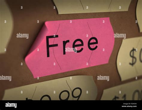 Free sticker over carton background with yellow prices labels around it. Concept of freebie ...