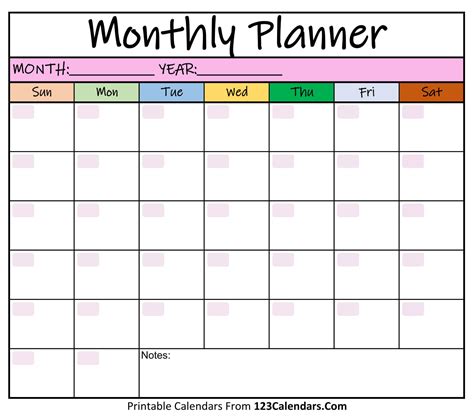 Printable Monthly Planner Templates | 123Calendars.com