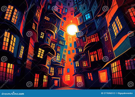 Night City with Bright Windows and Streetlights. Illustration in Retro Style, Ai Generation ...