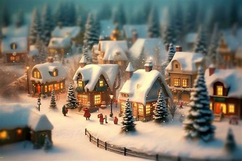 Christmas village with Snow in vintage style. Winter Village Landscape. Christmas Holidays ...