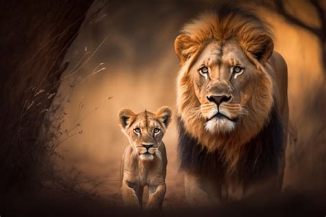 Premium AI Image | Lion with cub in natural habitat Generative AI