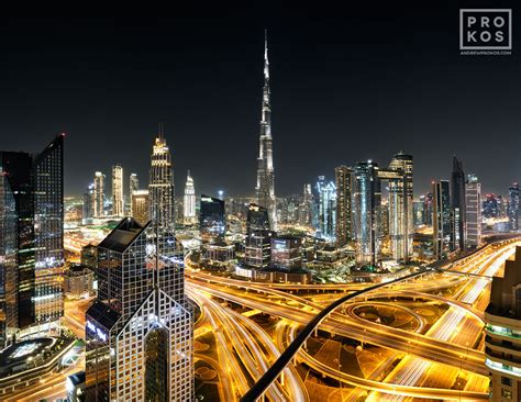 View of Burj Khalifa and Dubai Skyline at Night - Framed Photo by Andrew Prokos