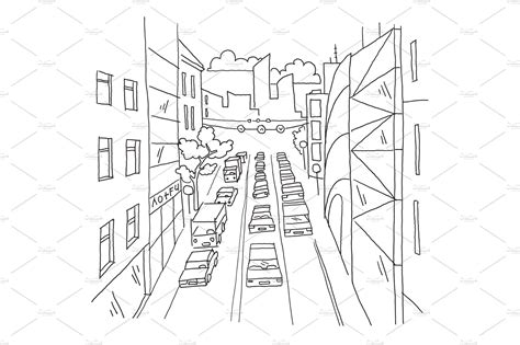 City street traffic jam linear perspective sketch road view. Cars end buildings. Hand drawn ...