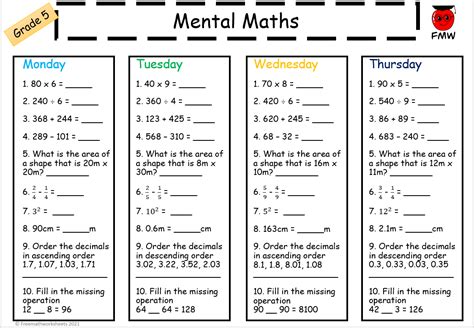 Mental Math Worksheets for Grade 5 | Free Printables | Homework