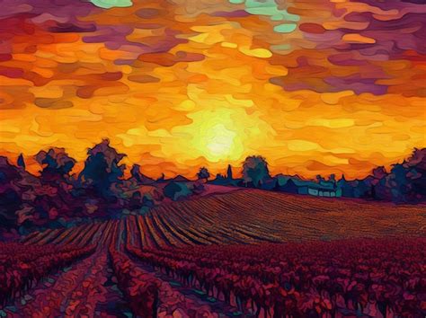 Premium AI Image | A painting of a field with a sunset in the background.