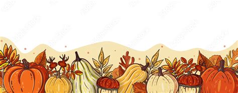 Horizontal vector banner, poster, card or frame design with orange pumpkins and autumn leaves ...