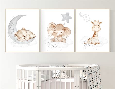 Nursery wall art animals, gray nursery, gender neutral nursery, neutral nursery, baby room decor ...