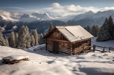 Premium AI Image | A log cabin in the snow with snowy mountains in the background