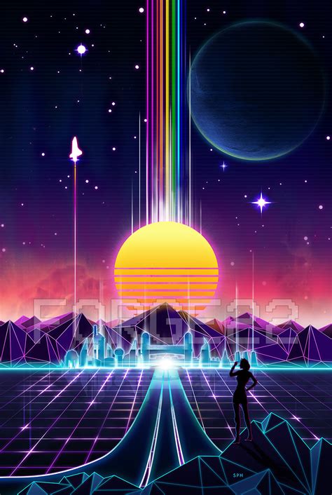 Synthwave Outrun Visual Art Design - Neon 80's grid future Vaporwave