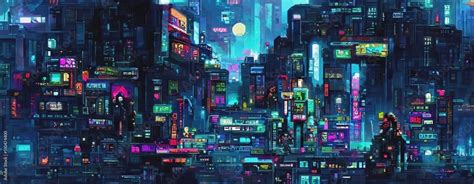 Cyberpunk neon city night. Futuristic city scene in a style of pixel art. 80's wallpaper. Retro ...