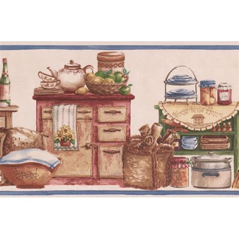 Wallpaper Border - Vintage Kitchen Wooden Chests Food Jars Baskets Bowls Country Wall Border ...