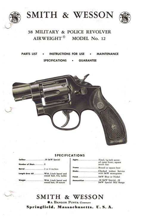 SMITH & WESSON: .38 MILITARY & POLICE REVOLVER, AIRWEIGHT, (REPRINT) MODEL No. 12. PARTS LIST ...