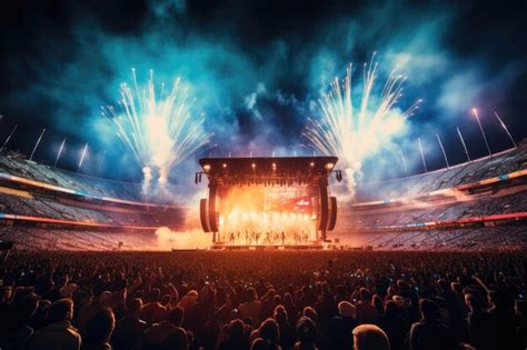 Premium AI Image | Concert crowd in front of a big stage with fireworks in the night A live ...