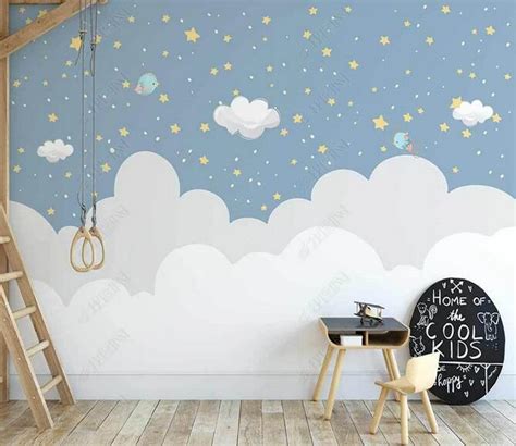 Stars Blue Skye Nursery Wallpaper Wall Mural, Clouds Stars Kids Children Room Wall mural Wall ...