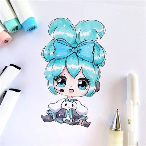 Hatsune Miku x Cinnamoroll Chibi • Kawaii Anime Mini Painting • Summer Girl • Mixed Media Art ...