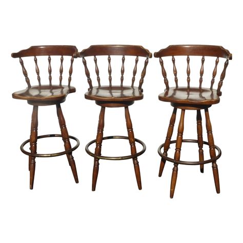 French Country Wood Swivel Bar Stools - Set of 3 | Chairish