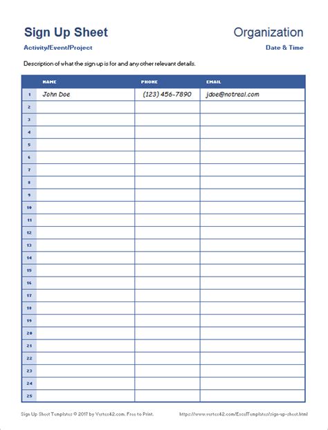 Download the Simple Sign Up Sheet from Vertex42.com | Sign up sheets, Sign in sheet template ...