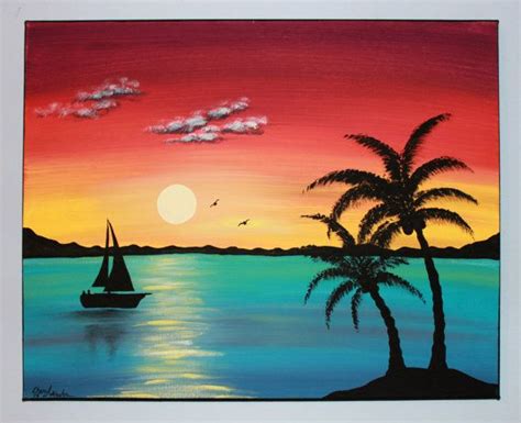 Original Acrylic Painting Canvas Paradise Tropical Ocean Palm Trees Island Sailboat Yellow ...