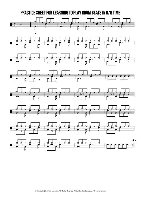 Practice sheet for learning to play drum beats in 6/8 time - Learn Drums For Free | Drums beats ...