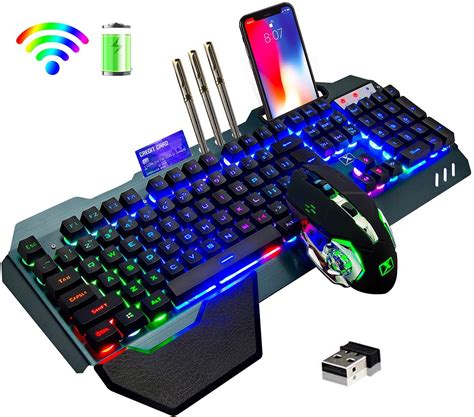 Wireless Gaming Keyboard and Mouse,Rainbow Backlit Rechargeable Keyboard Mouse with 3800mAh ...