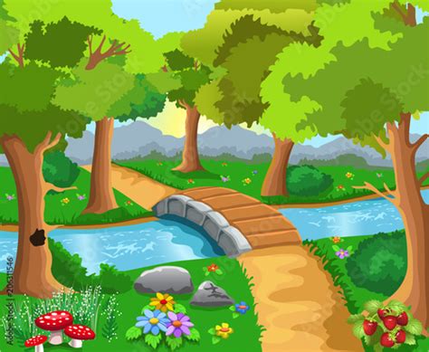 cartoon forest with a river and a bridge in the middle Stock Vector | Adobe Stock