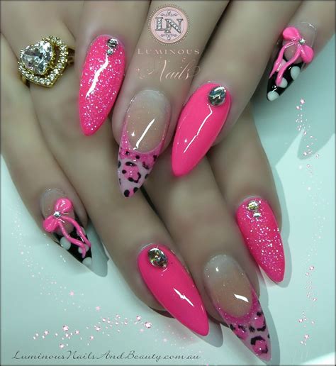 Hot Pink Nails with Pink Leopard Print, Polka Dots, Pink 3D Bow & Bling!..