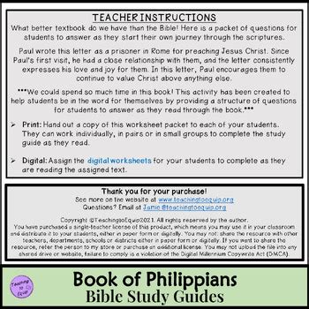 Bible Study Questions for Philippians worksheet packet by Teaching to Equip