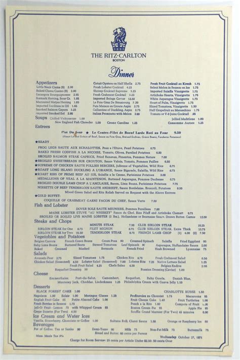 1971 Original Vintage Restaurant Menu THE RITZ CARLTON BOSTON Massachusetts | Vintage menu ...