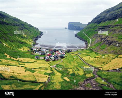 Aerial drone photo flying over Tjornuvik beach on Streymoy island, Faroe Islands, Denmark ...