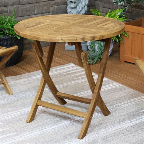 Sunnydaze Round Folding Solid Teak Outdoor Dining Table - Light Wood Stain Finish - Patio, Deck ...