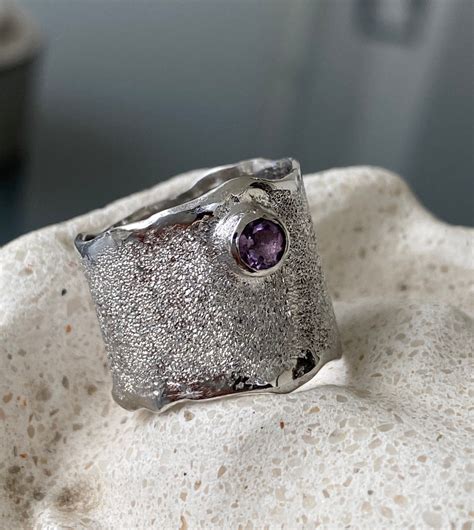 Amethyst Silver ring, Amethyst Solitaire ring wide silver rough ring – Handmade with Love ...