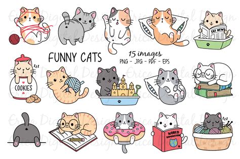 Funny Cats Clipart set - 15 cute images (520071) | Illustrations | Design Bundles