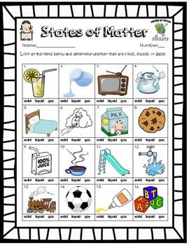 Solid Liquid Gas ( Phases of Matter ) Worksheet by Tailored By Jessica Naylor