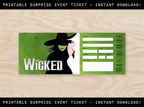 Printable Wicked Broadway Ticket Surprise, Musical Collectible Theater Ticket, Editable Musical ...