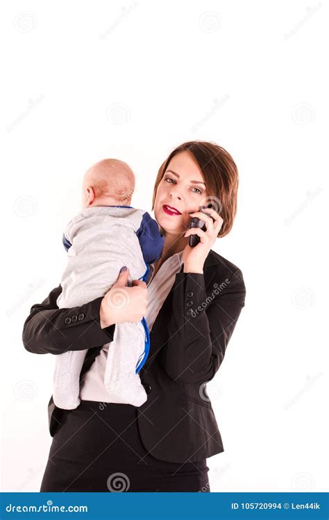 Young Working Mom Carrying Her Baby in One Hand Isolated Stock Photo - Image of isolated, people ...