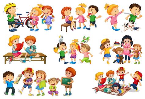 Set of different kid playing with their toys cartoon character isolated on white background ...