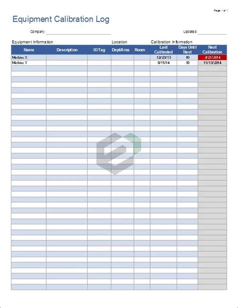 [Free] Printable Equipment Callibration Log in Excel