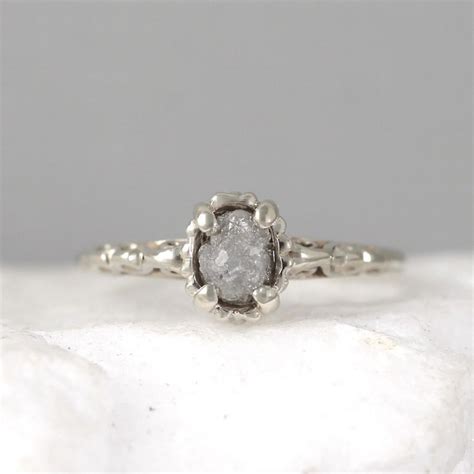 14K White Gold Raw Diamond Ring -Filigree Antique Styled Engagement Ring-April Birthstone Rings ...