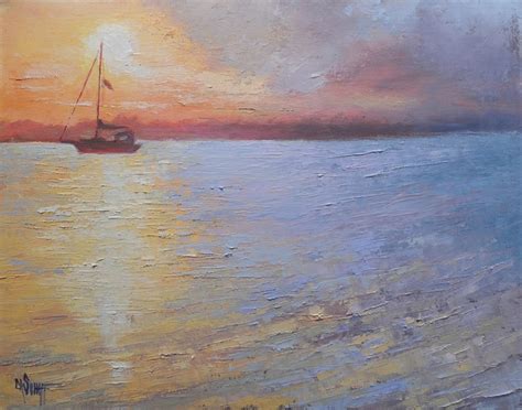 Contemporary Artists of Florida: Daily Painting, Small Oil Painting, Sunset over Water Art, "Day ...