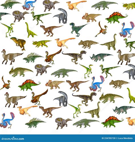 Set of Realistic Dinosaur Illustrations with Many Colors on a White Background Stock ...