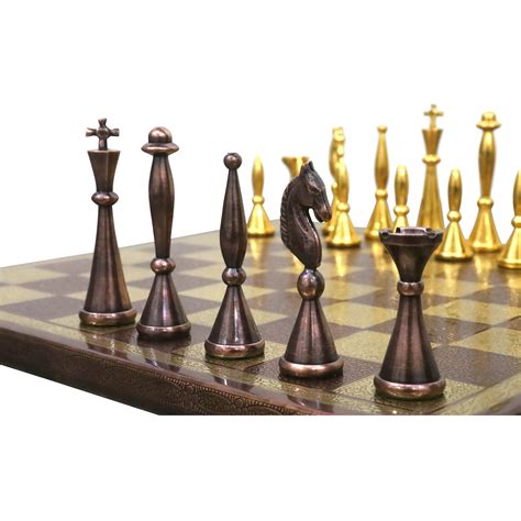 14" Brass Metal Modern Luxury Chess Pieces & Board Set- Antique Copper