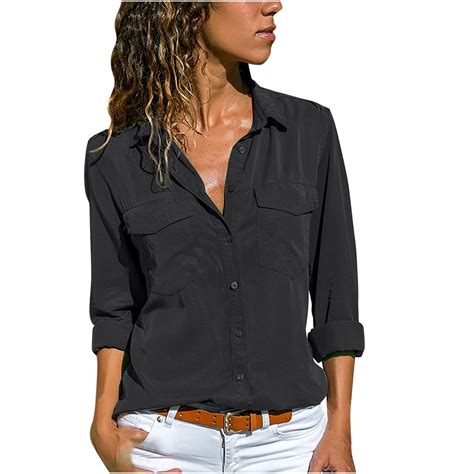 AnuirheiH Long Sleeve Blouses for Women 2023 Fall Casual Loose Fit Solid Neck Button Down Shirts ...