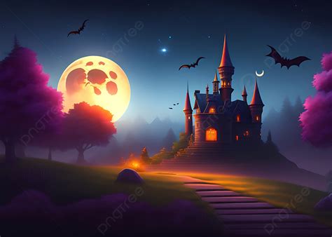 Haunted House On A Scary Moon Halloween Background With Graveyard And Castle Scene, Haunted ...