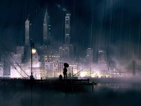 anime girls, anime, night, rain, city, cityscape, HD Wallpaper | Rare Gallery