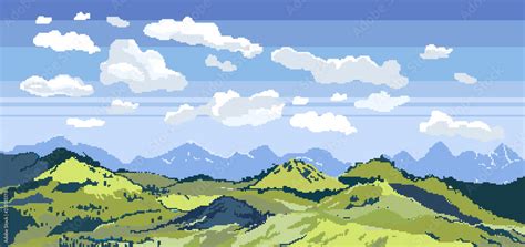 Pixel art background. Location with mountains, grass and clouds. Landscape for game or ...