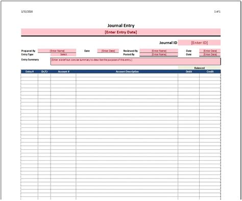 Journal Entry Template - Spreadsheetshoppe