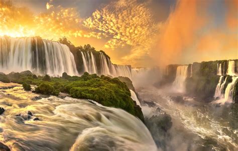 Wallpaper river, sunrise, dawn, panorama, waterfalls, Brazil, cascade, Iguazu Falls, Brazil ...