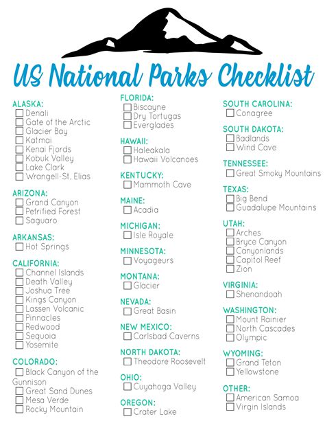 Printable List Of Us National Parks