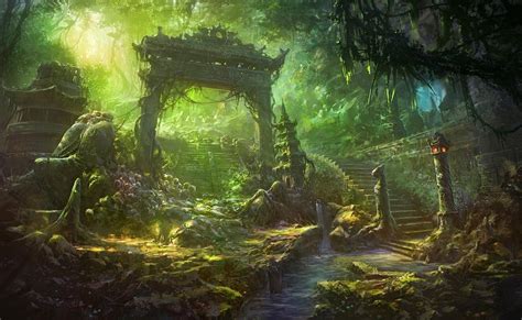 Fantasy art temple trees forest jungle landscapes decay ruins wallpaper | 1920x1180 | 34271 ...