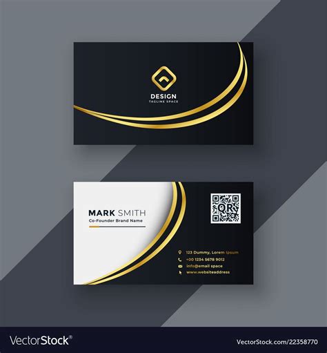 two business cards with golden lines on the black and white background, one is for design